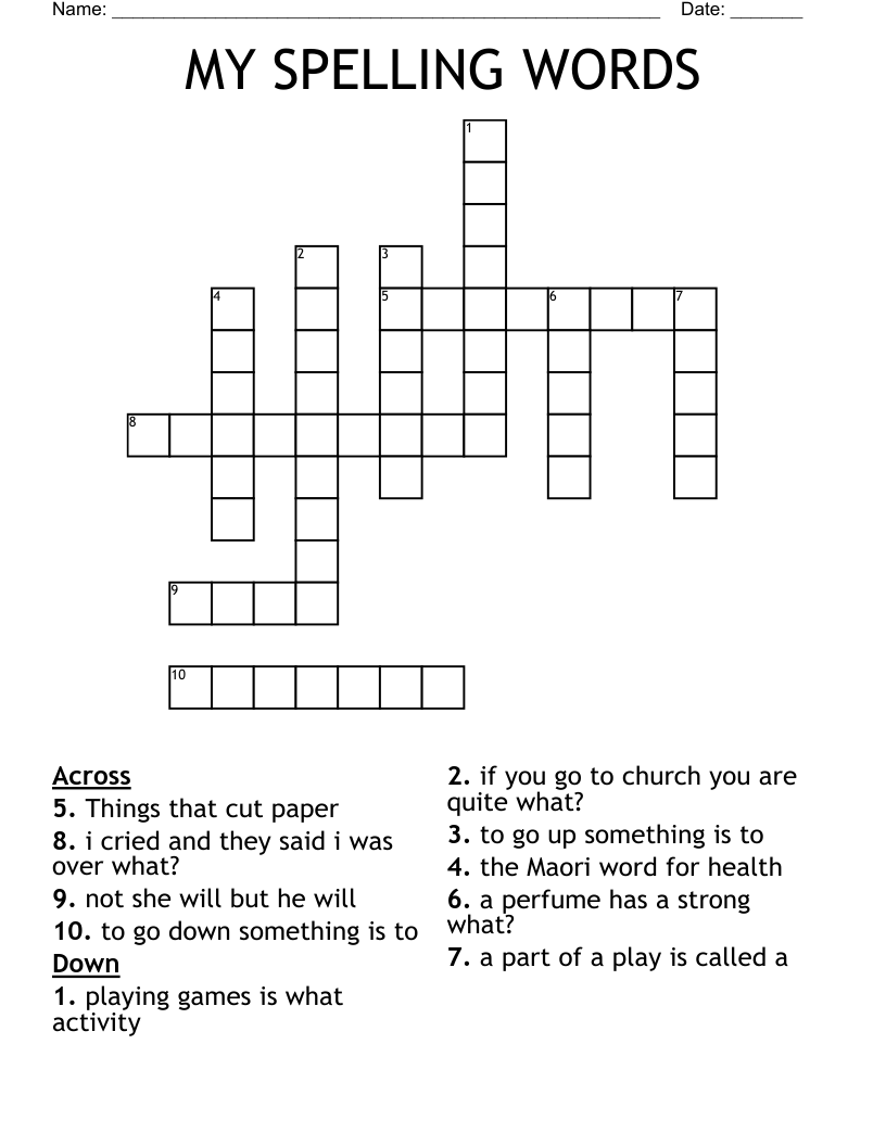 MY SPELLING WORDS Crossword