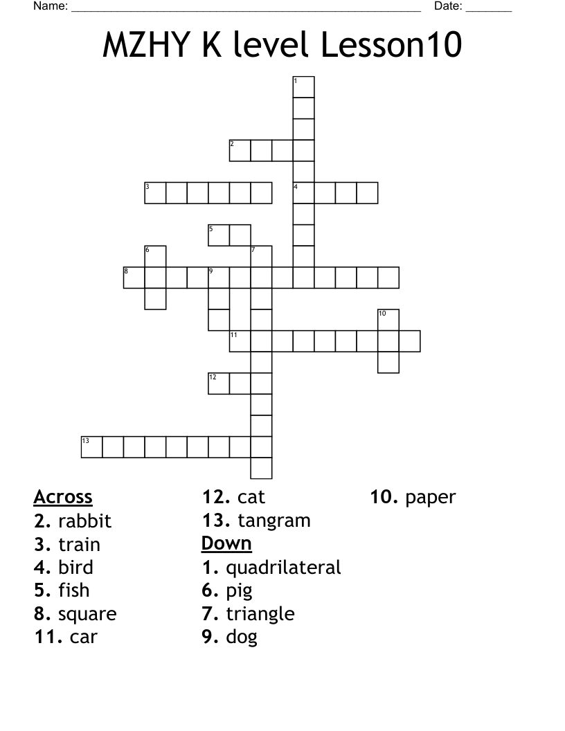 MZHY K level Lesson10 Crossword