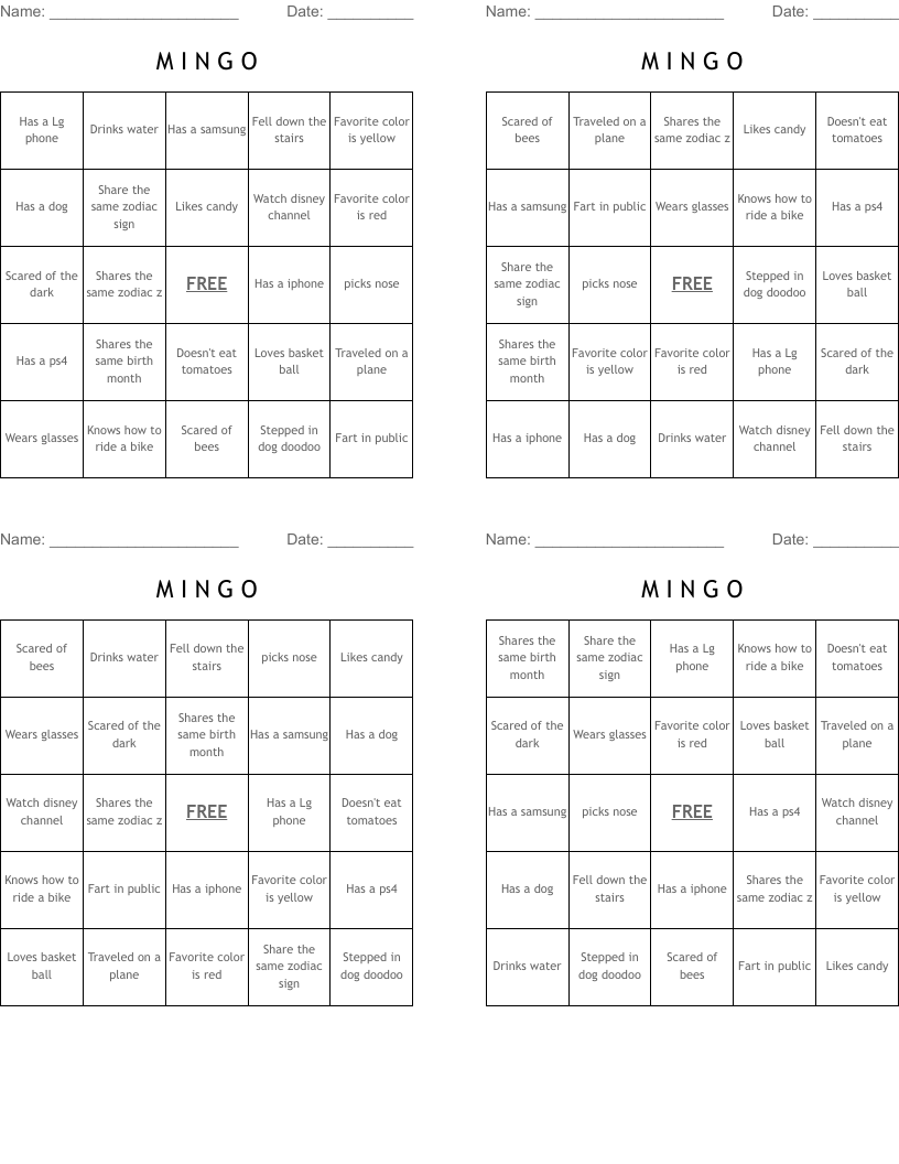 M I N G O Bingo Cards