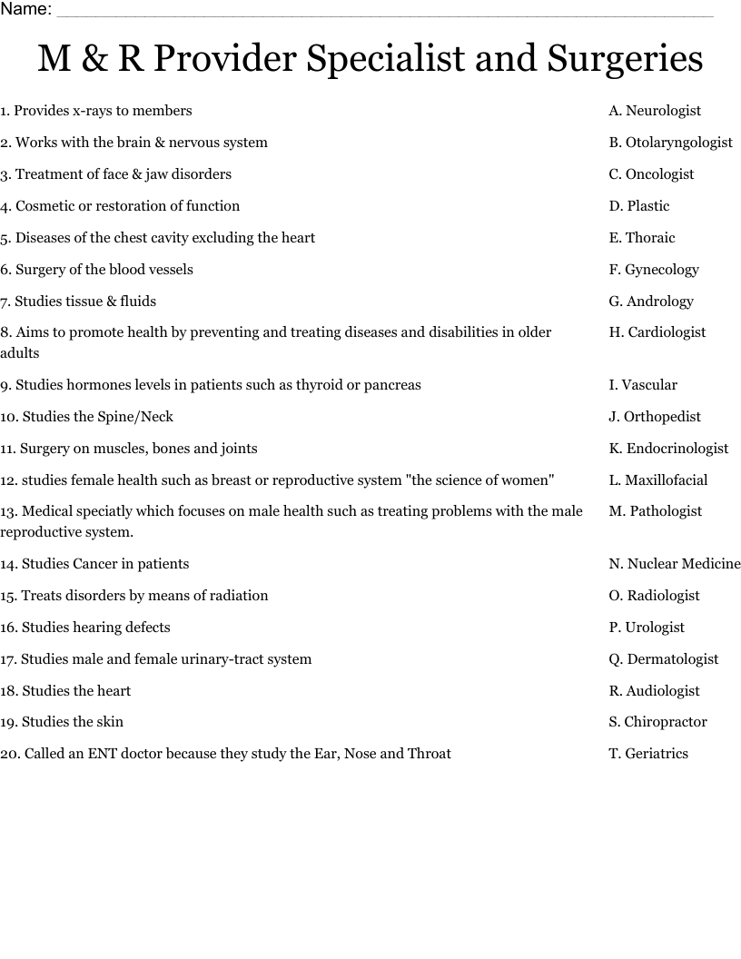 M & R Provider Specialist and Surgeries Worksheet