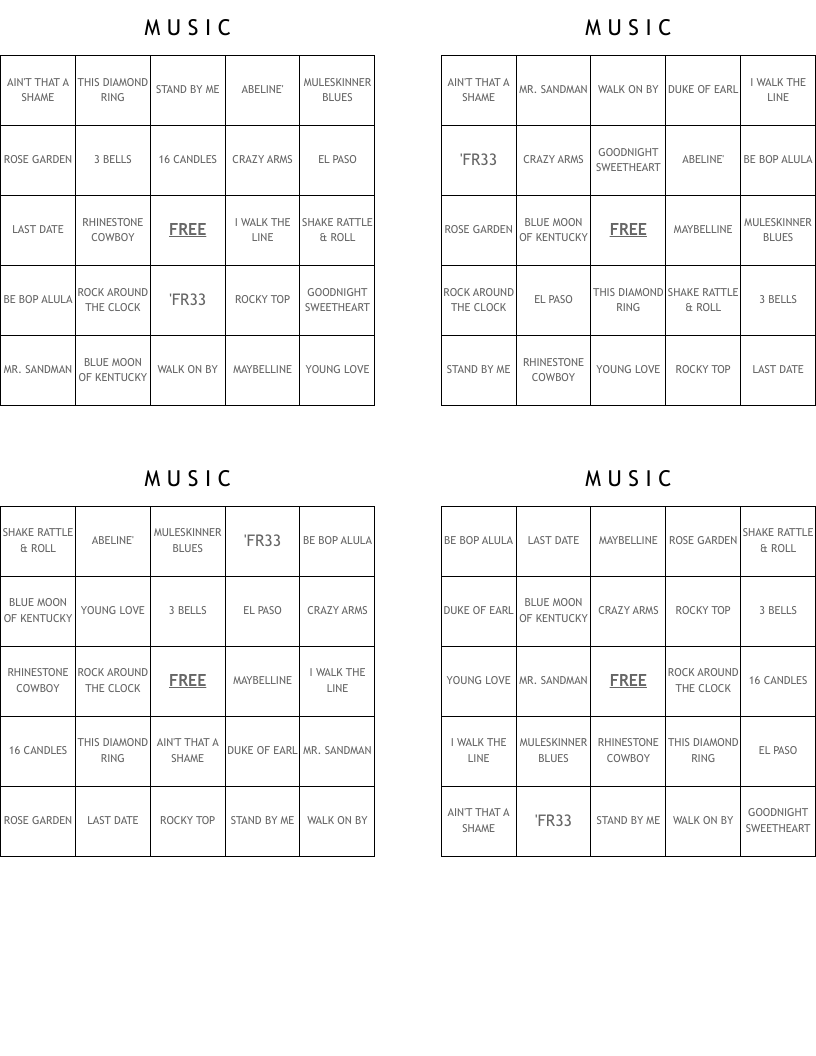 M     U    S    I     C Bingo Cards