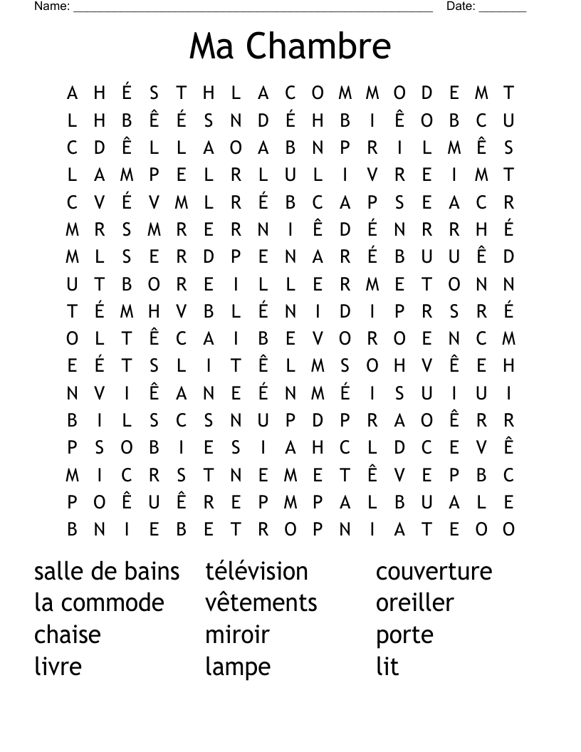 Ma Chambre Word Search