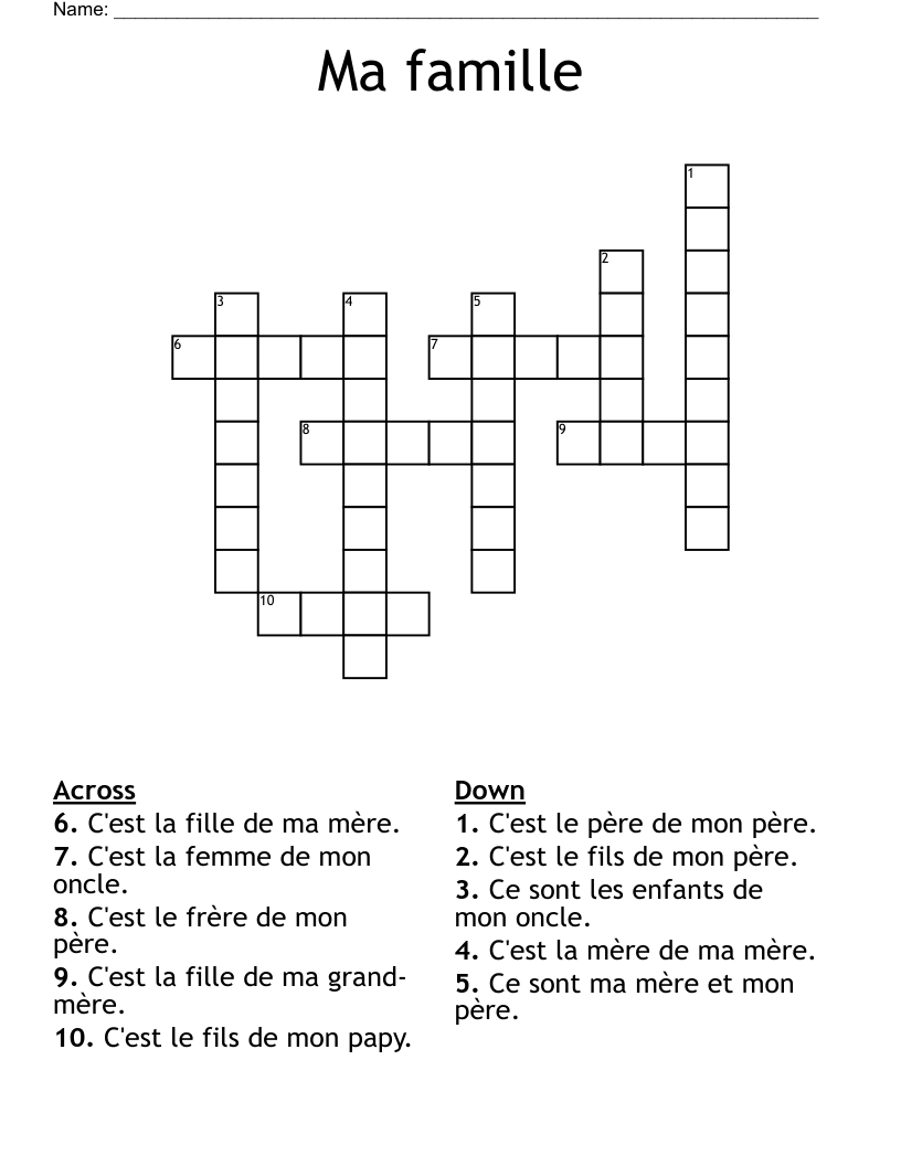 Ma famille Crossword