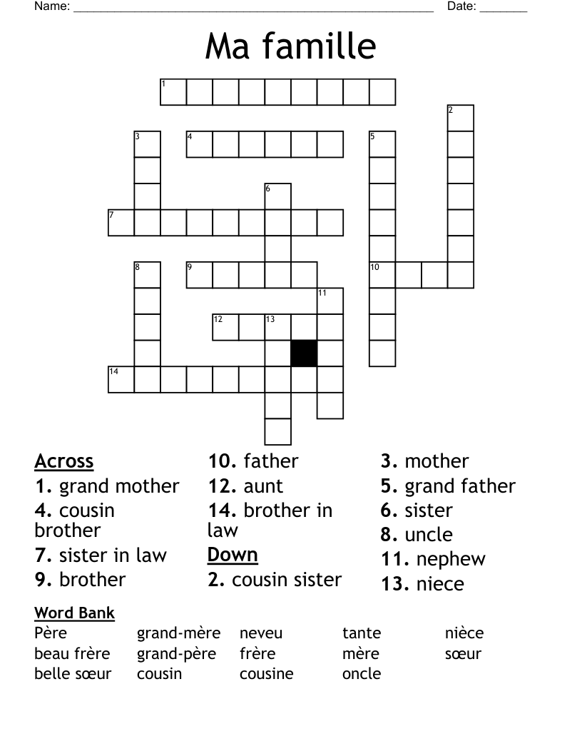 Ma famille Crossword