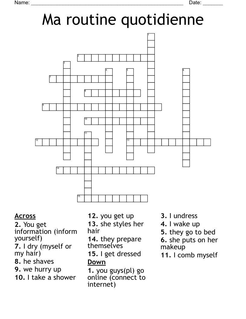 Ma routine quotidienne Crossword