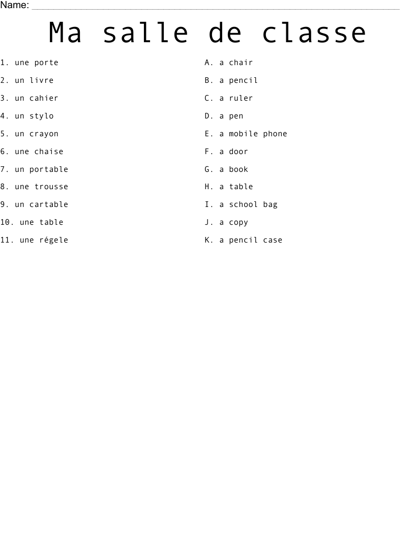 Ma salle de classe Worksheet