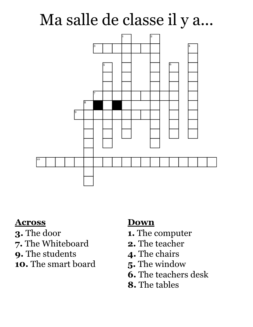 Ma salle de classe il y a... Crossword