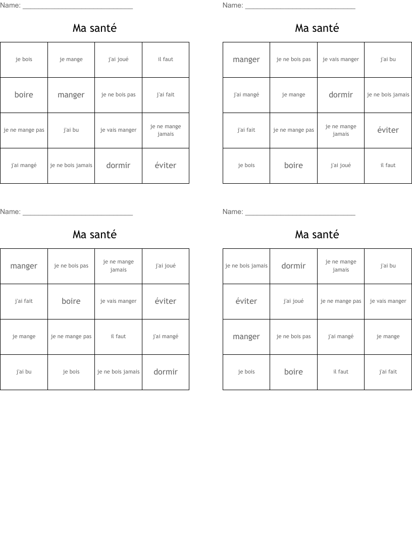Ma santé Bingo Cards