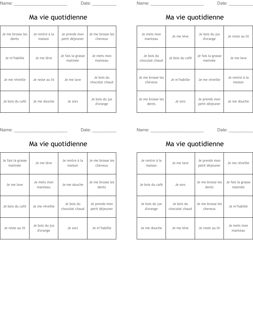Ma vie quotidienne Bingo Cards
