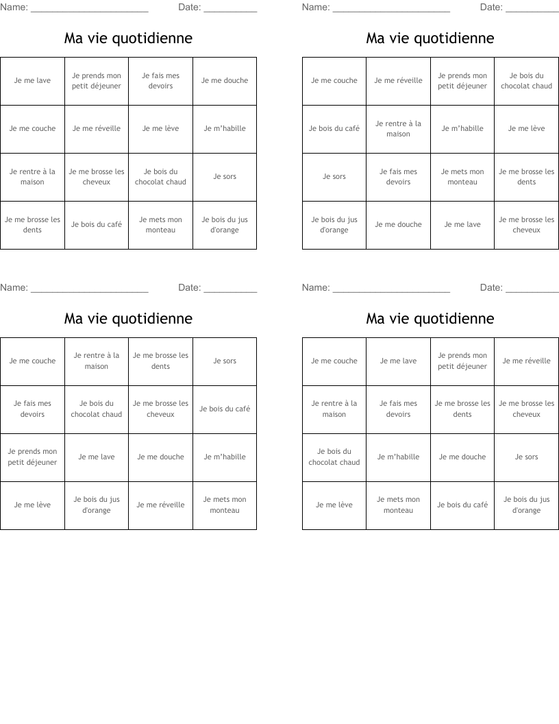 Ma vie quotidienne Bingo Cards