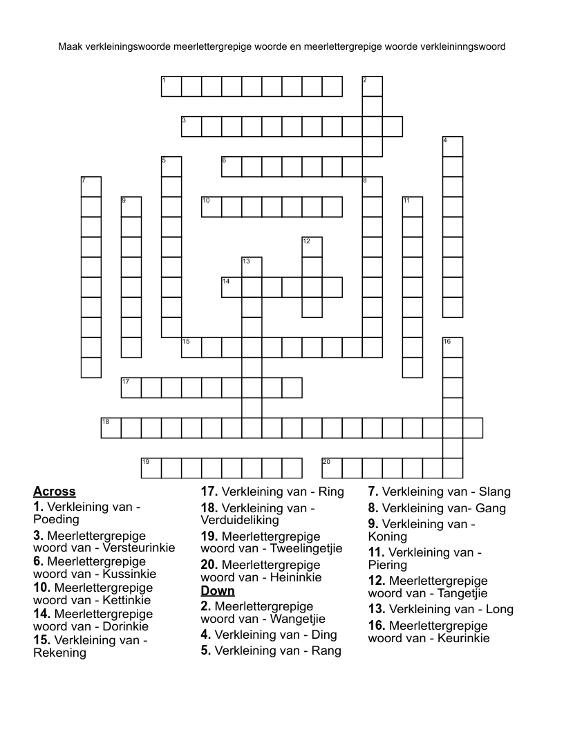 Maak verkleiningswoorde meerlettergrepige woorde en meerlettergrepige woorde verkleininngswoord Crossword