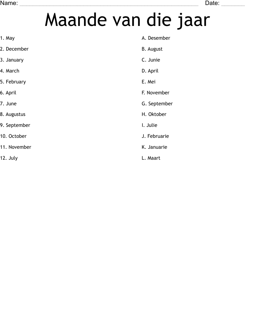 Maande van die jaar  Worksheet
