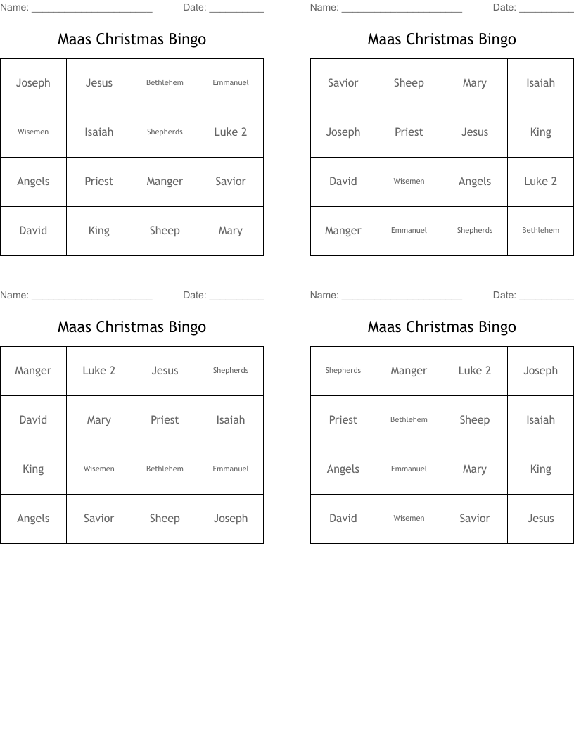 Maas Christmas Bingo