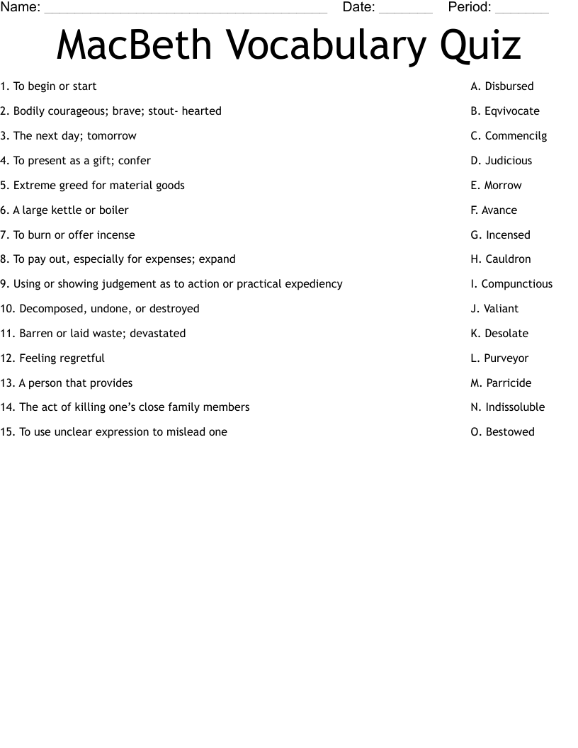 MacBeth Vocabulary Quiz Worksheet