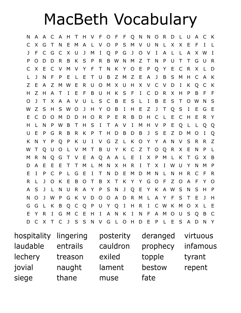 MacBeth Vocabulary  Word Search