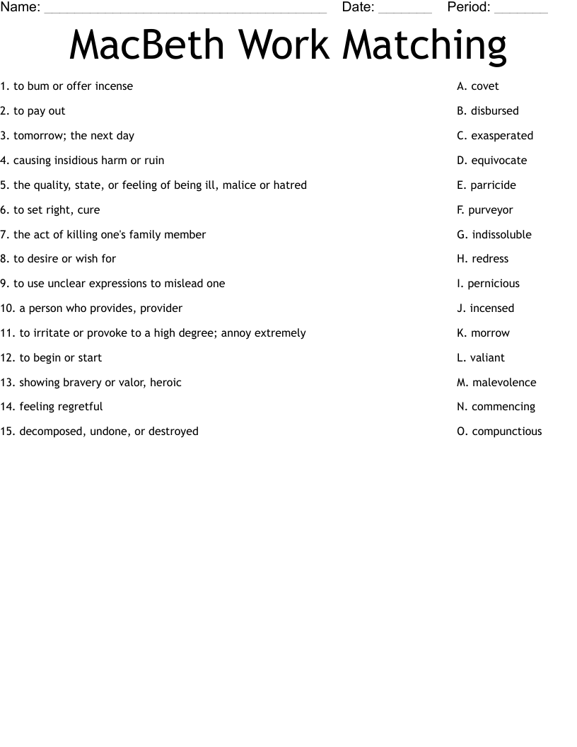 MacBeth Work Matching Worksheet