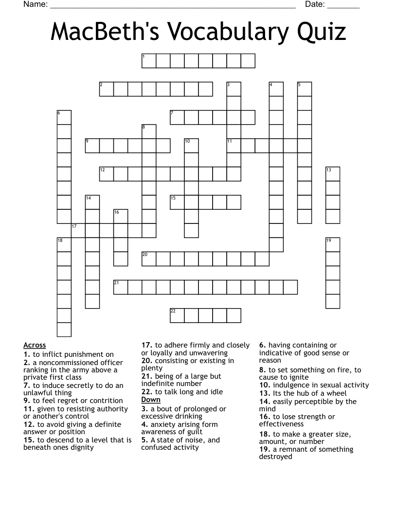MacBeth's Vocabulary Quiz Crossword