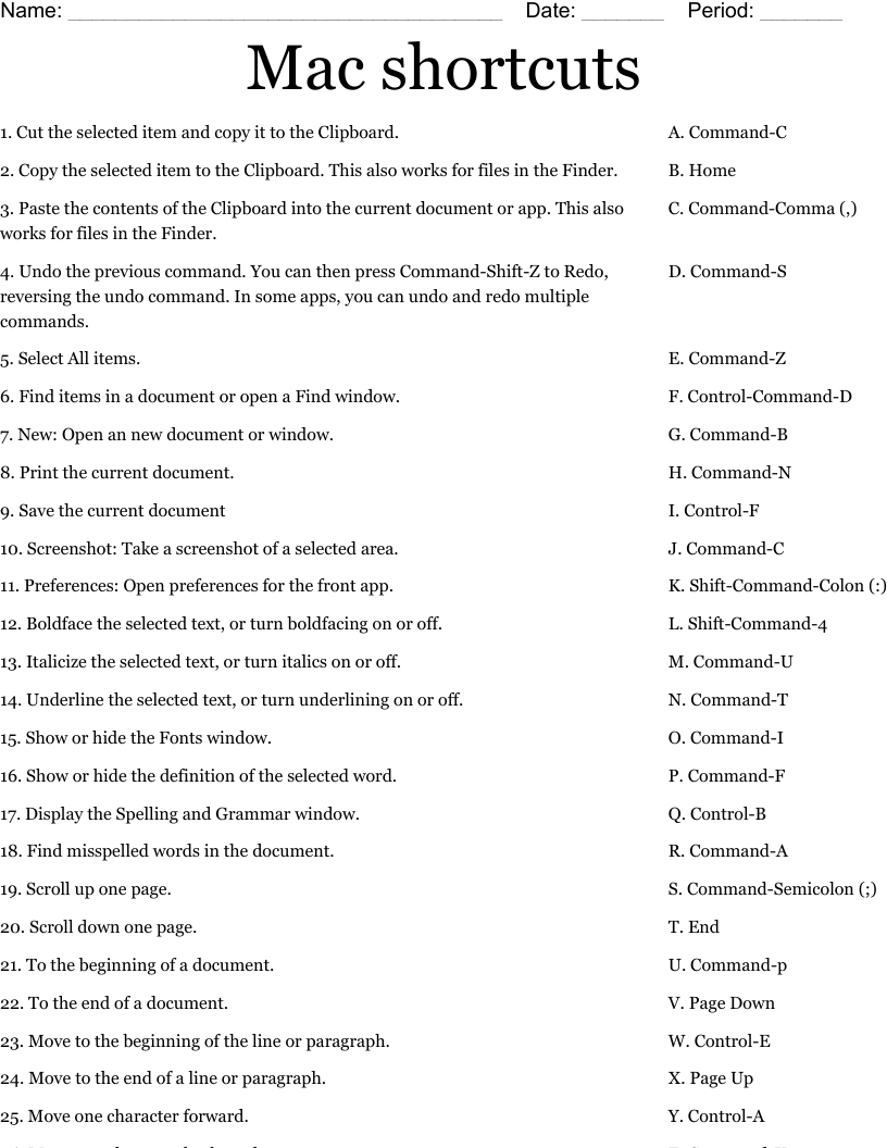 Mac shortcuts Worksheet