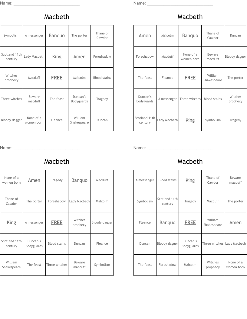 Macbeth Bingo Cards
