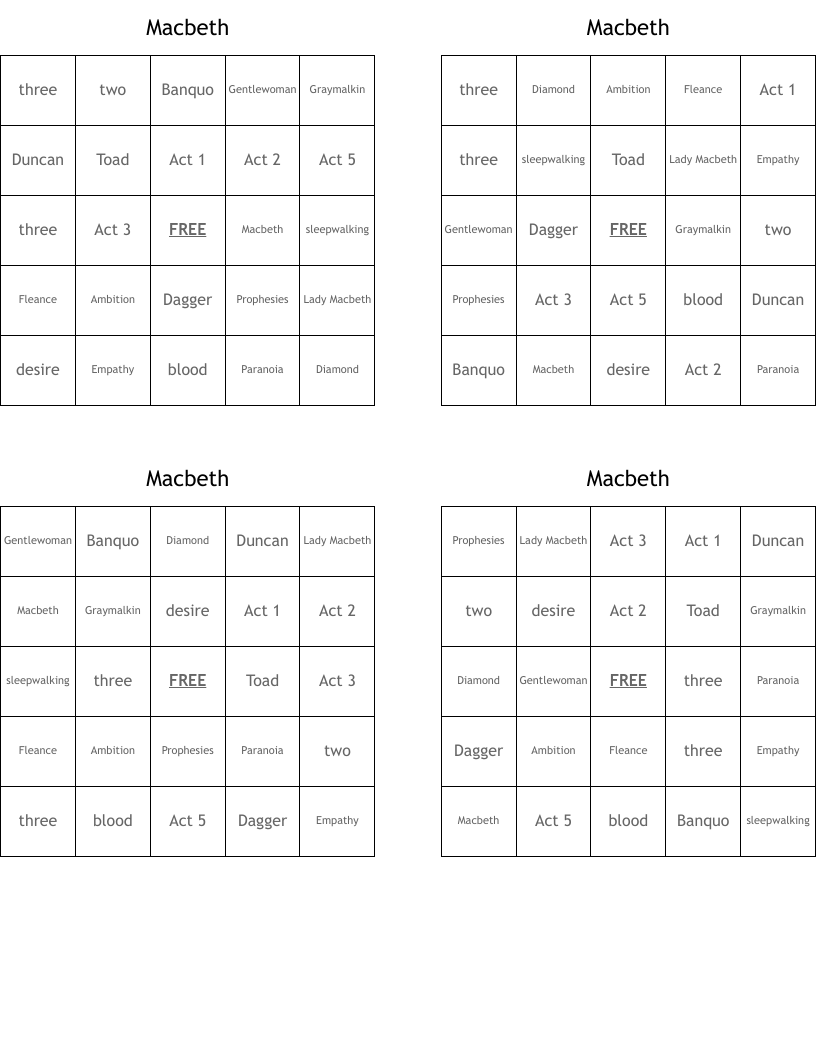 Macbeth Bingo Cards