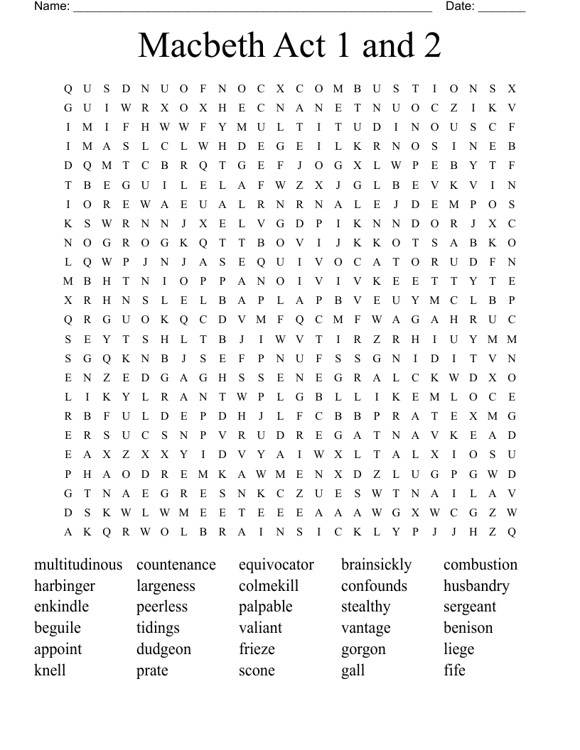 Macbeth Act 1 and 2 Word Search