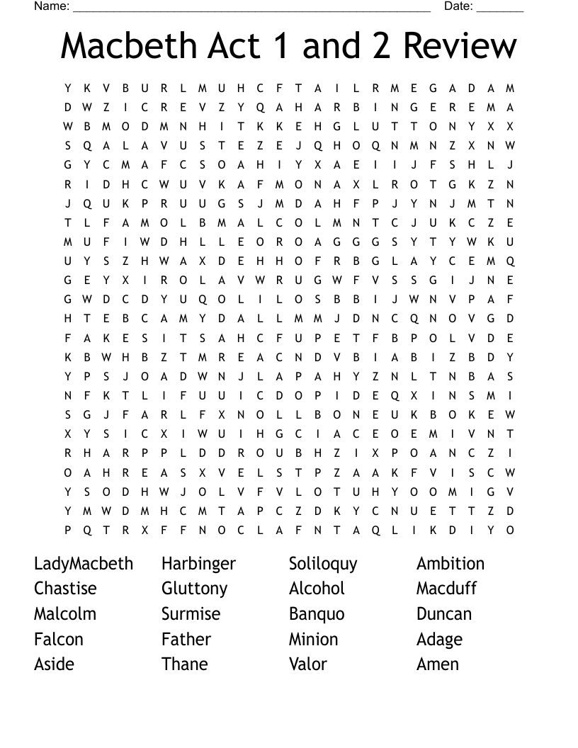Macbeth Act 1 and 2 Review Word Search