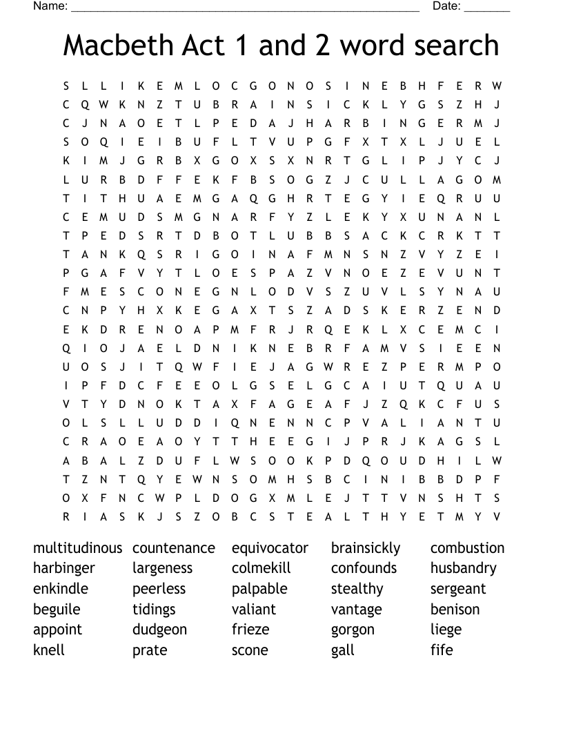 Macbeth Act 1 and 2 word search 
