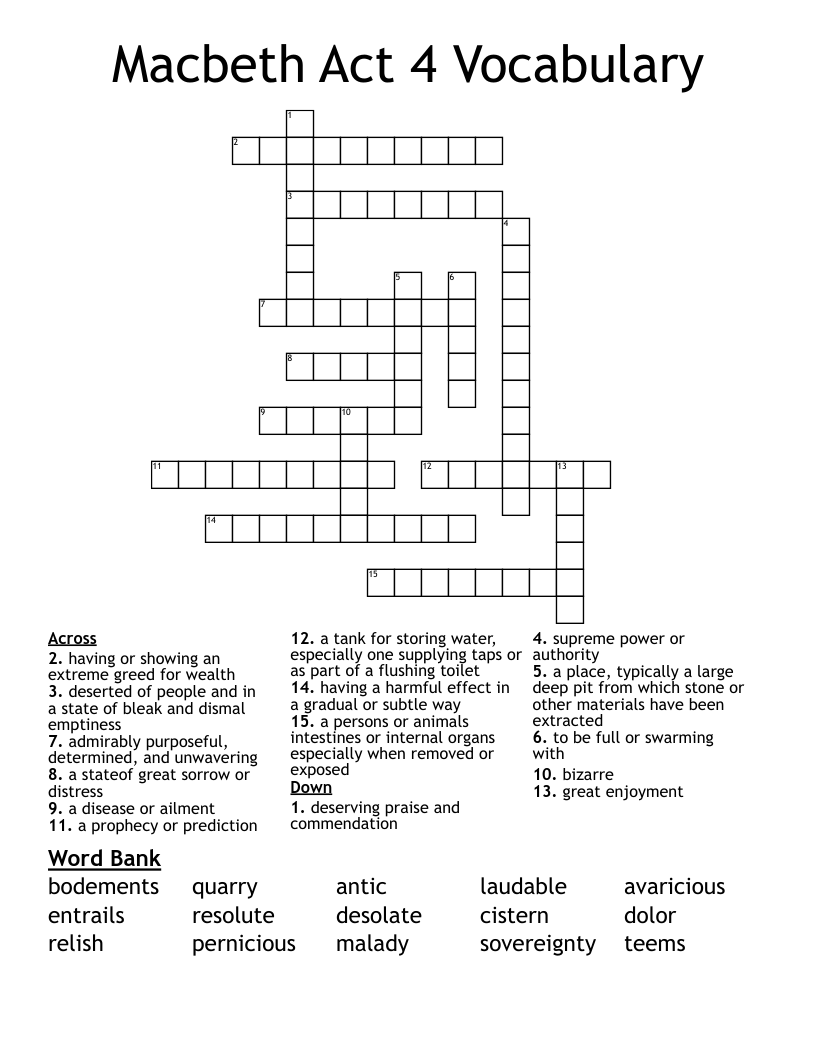 Macbeth Act 4 Vocabulary Crossword