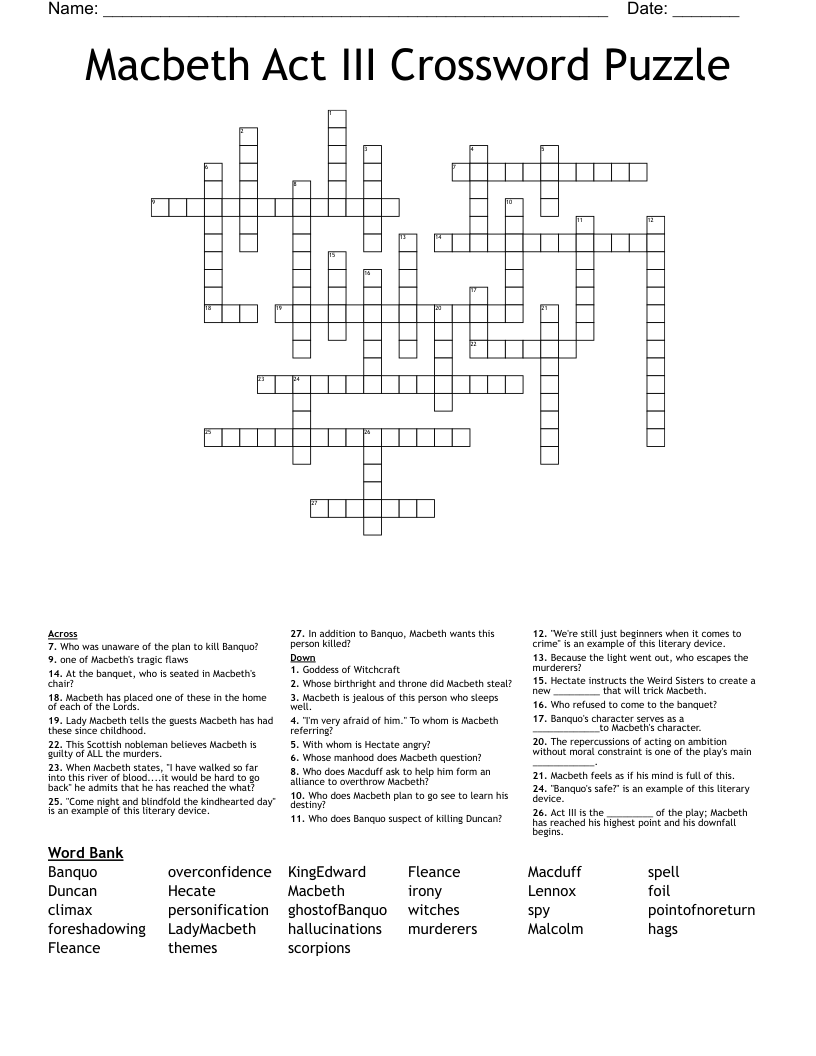 Macbeth Act III Crossword Puzzle