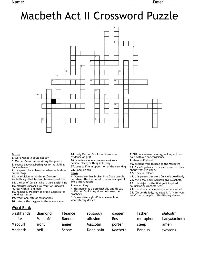 Macbeth Act II Crossword Puzzle