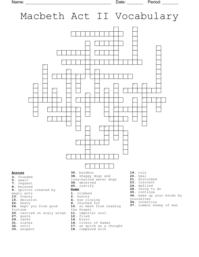 Macbeth Act II Vocabulary Crossword