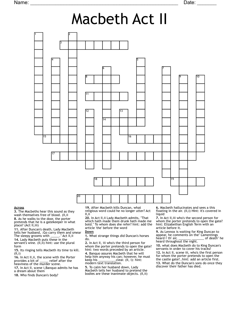 Macbeth Act II  Crossword