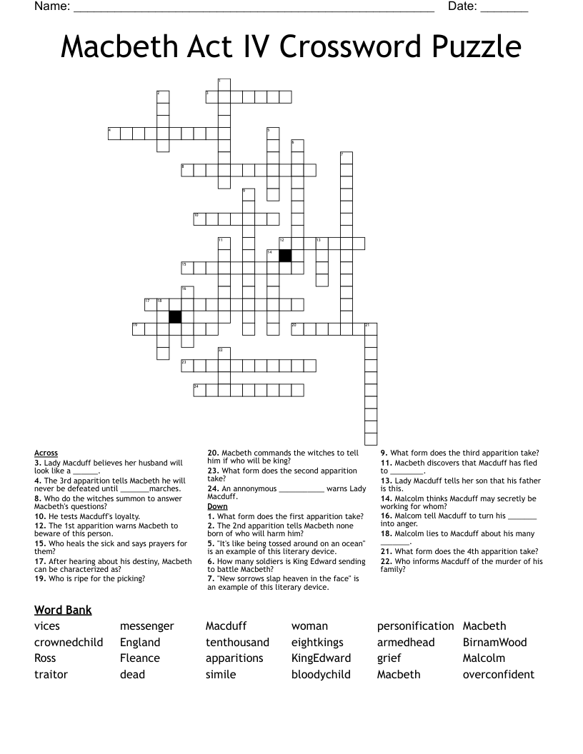Macbeth Act IV Crossword Puzzle