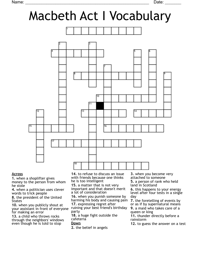 Macbeth Act I Vocabulary Crossword