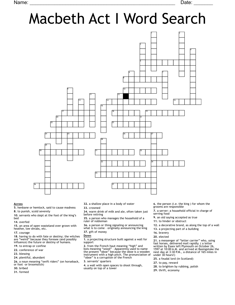 Macbeth Act I Word Search Crossword