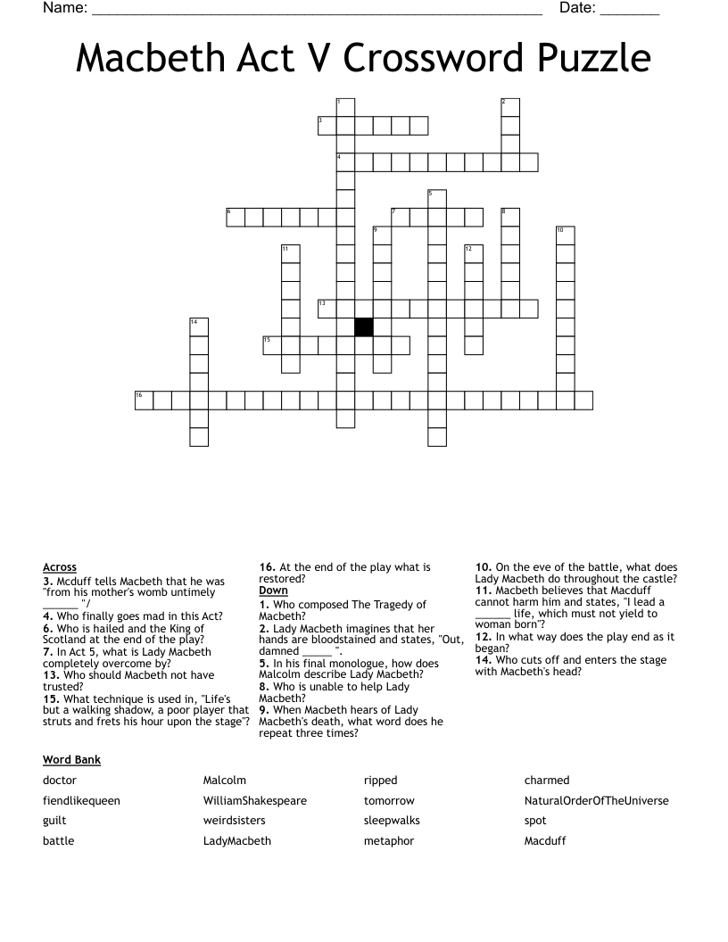 Macbeth Act V Crossword Puzzle
