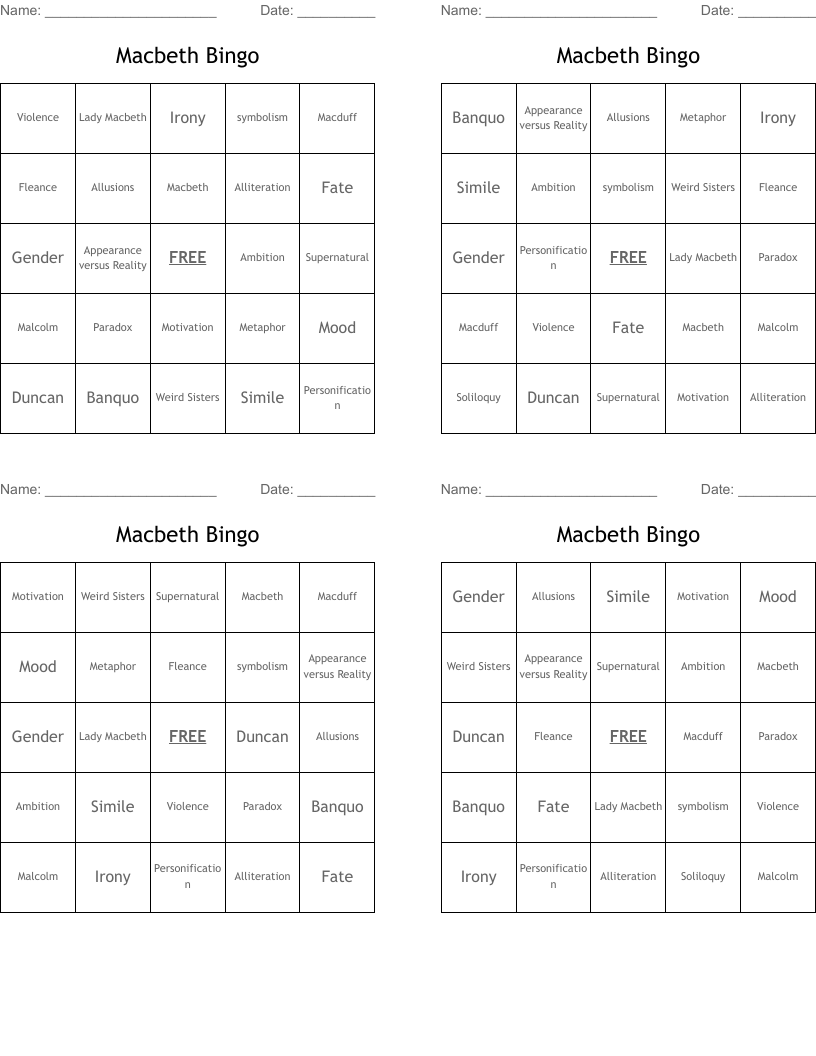 Macbeth Bingo