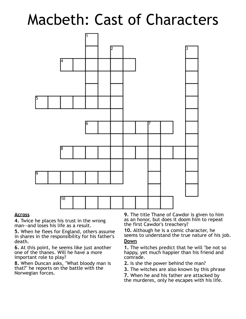 Macbeth: Cast of Characters  Crossword