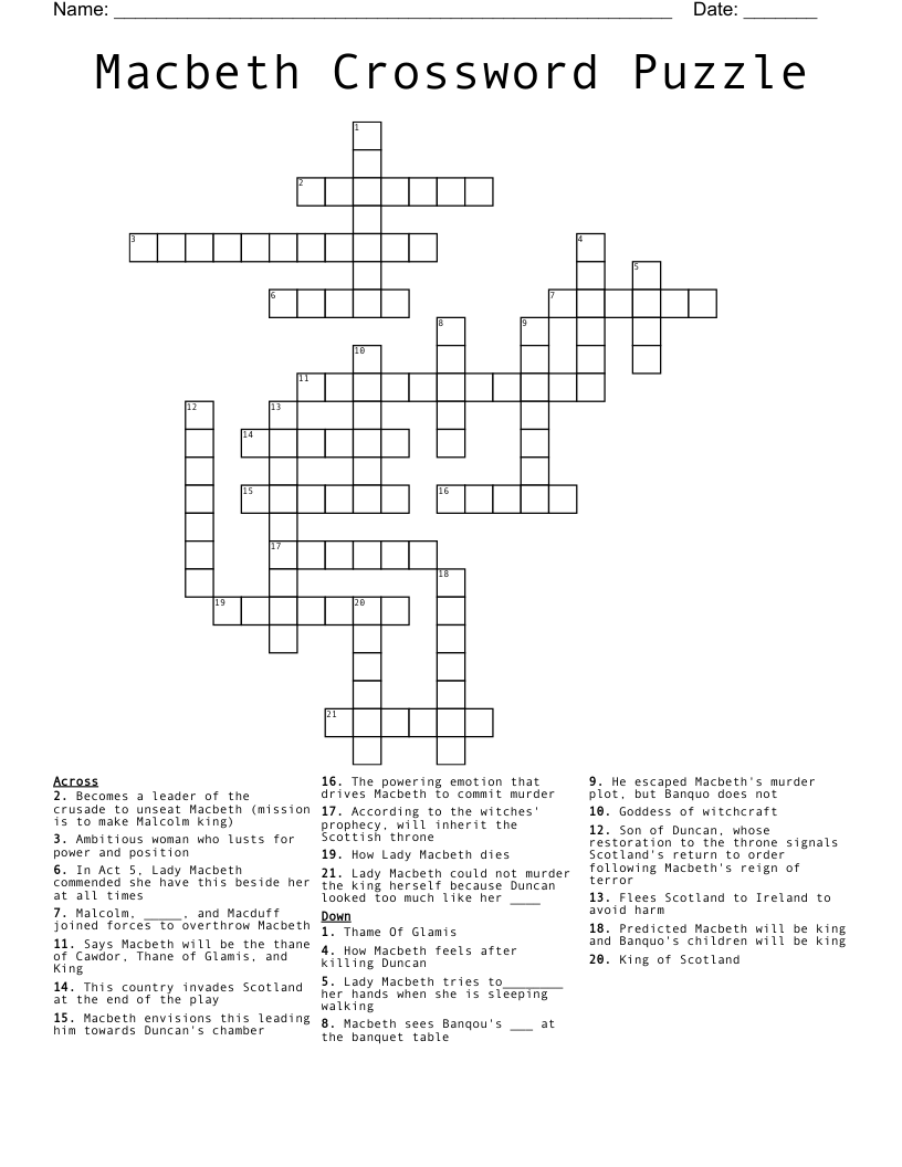 Macbeth Crossword Puzzle