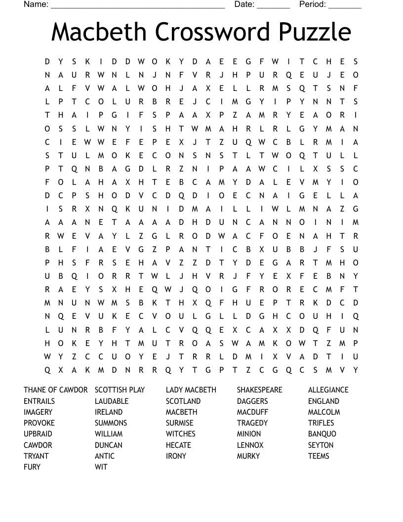 Macbeth Crossword Puzzle  Word Search