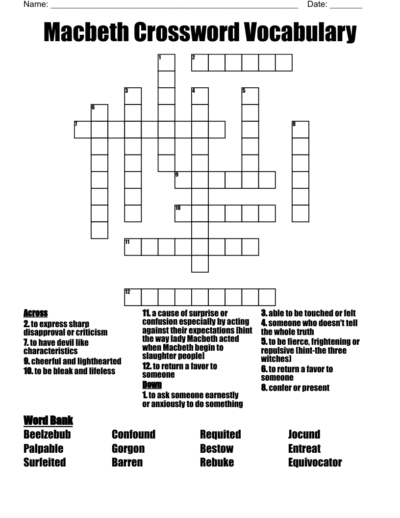 Macbeth Crossword Vocabulary 