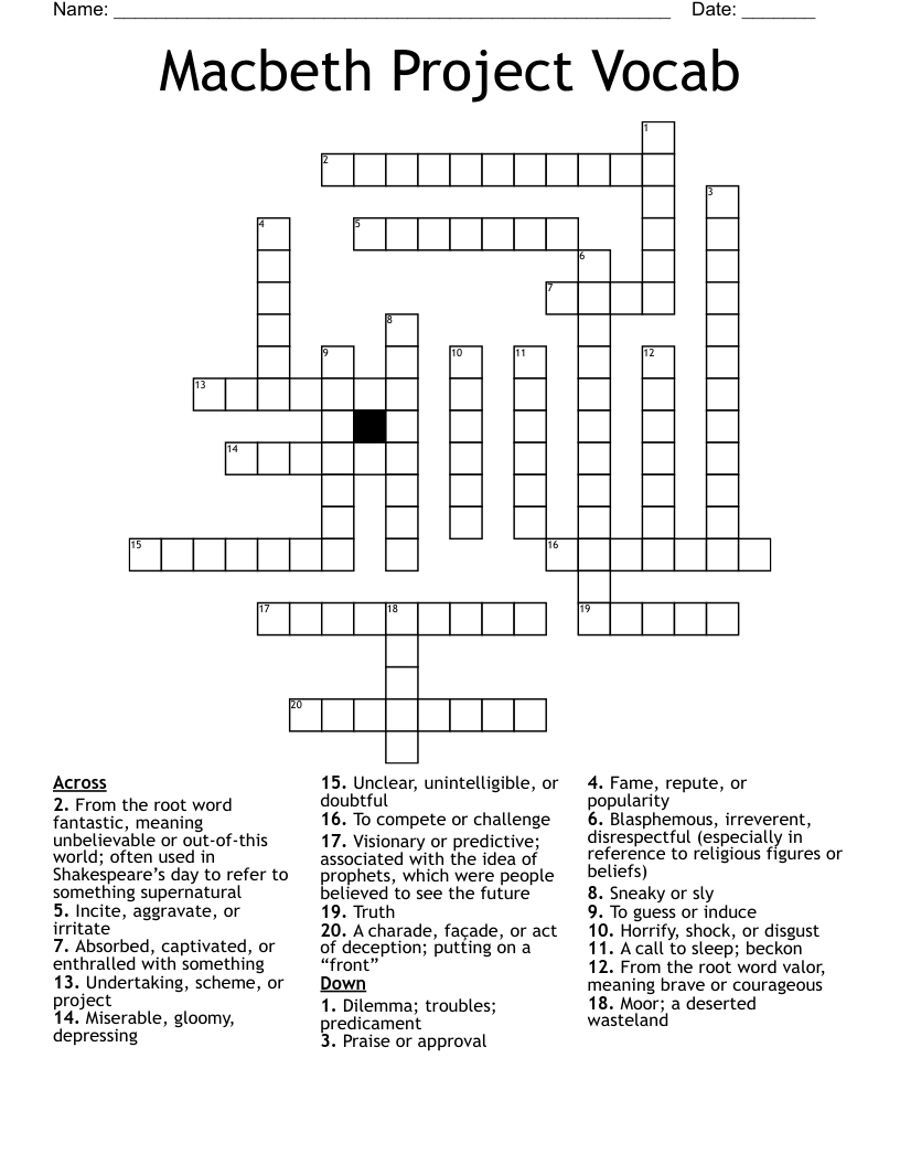 Macbeth Project Vocab Crossword