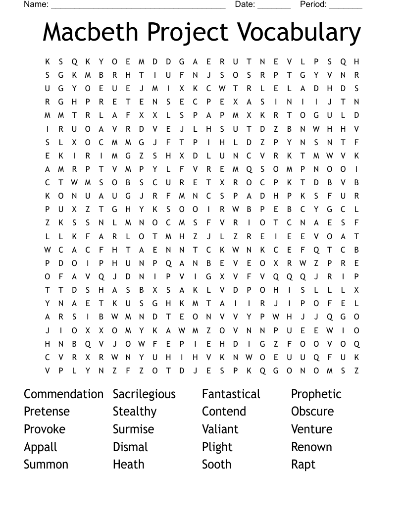 Macbeth Project Vocabulary Word Search