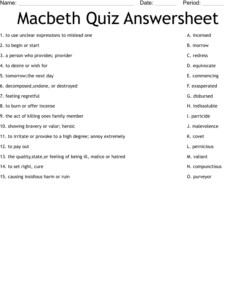 Macbeth Quiz Answersheet Worksheet