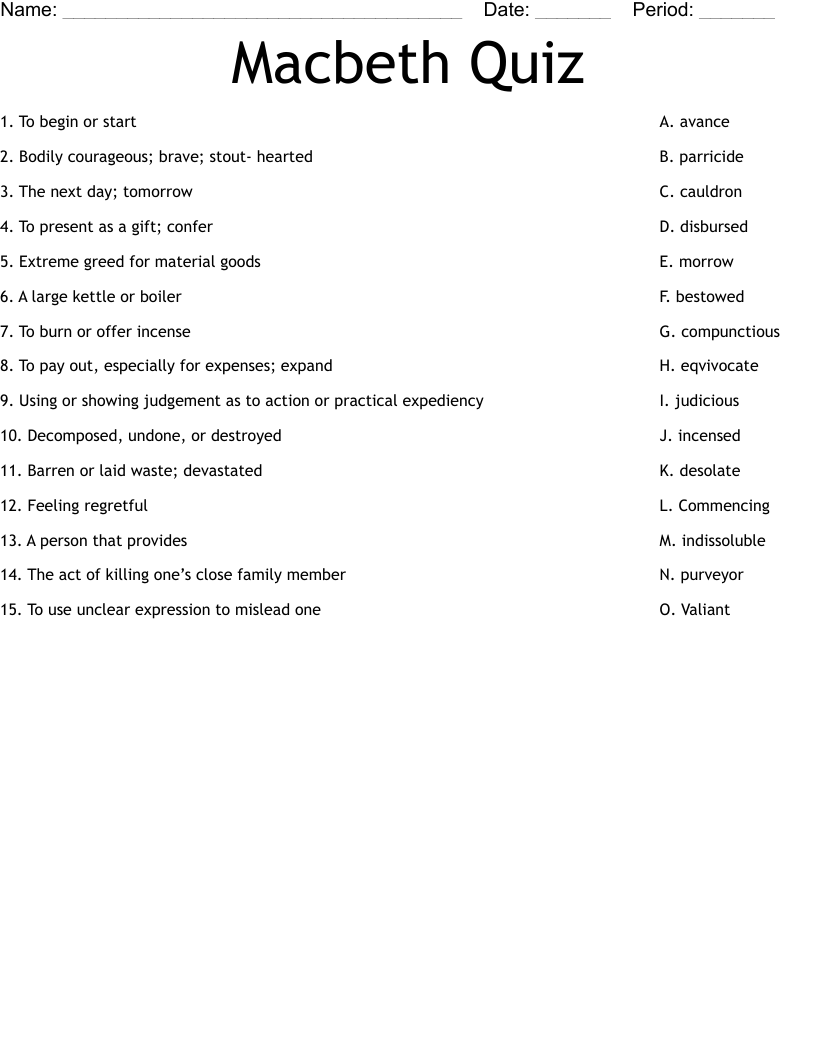 Macbeth Quiz  Worksheet