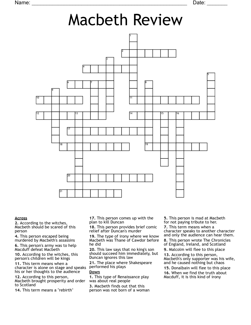 Macbeth Review Crossword