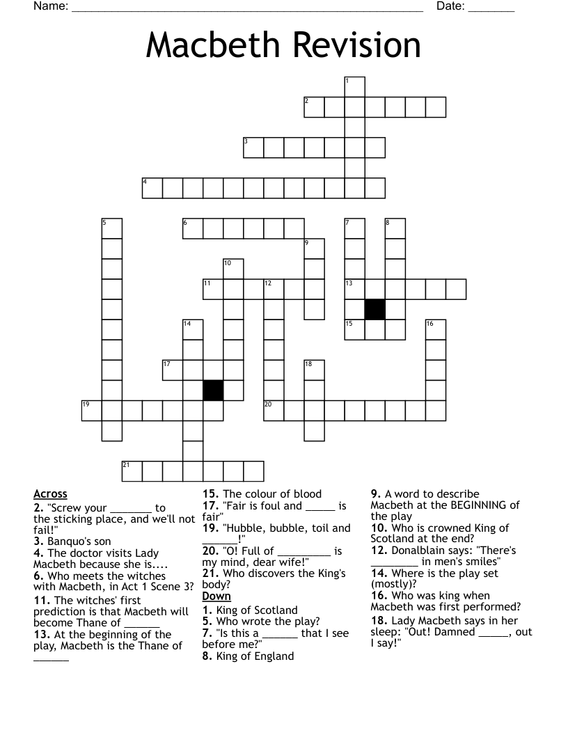 Macbeth Revision Crossword