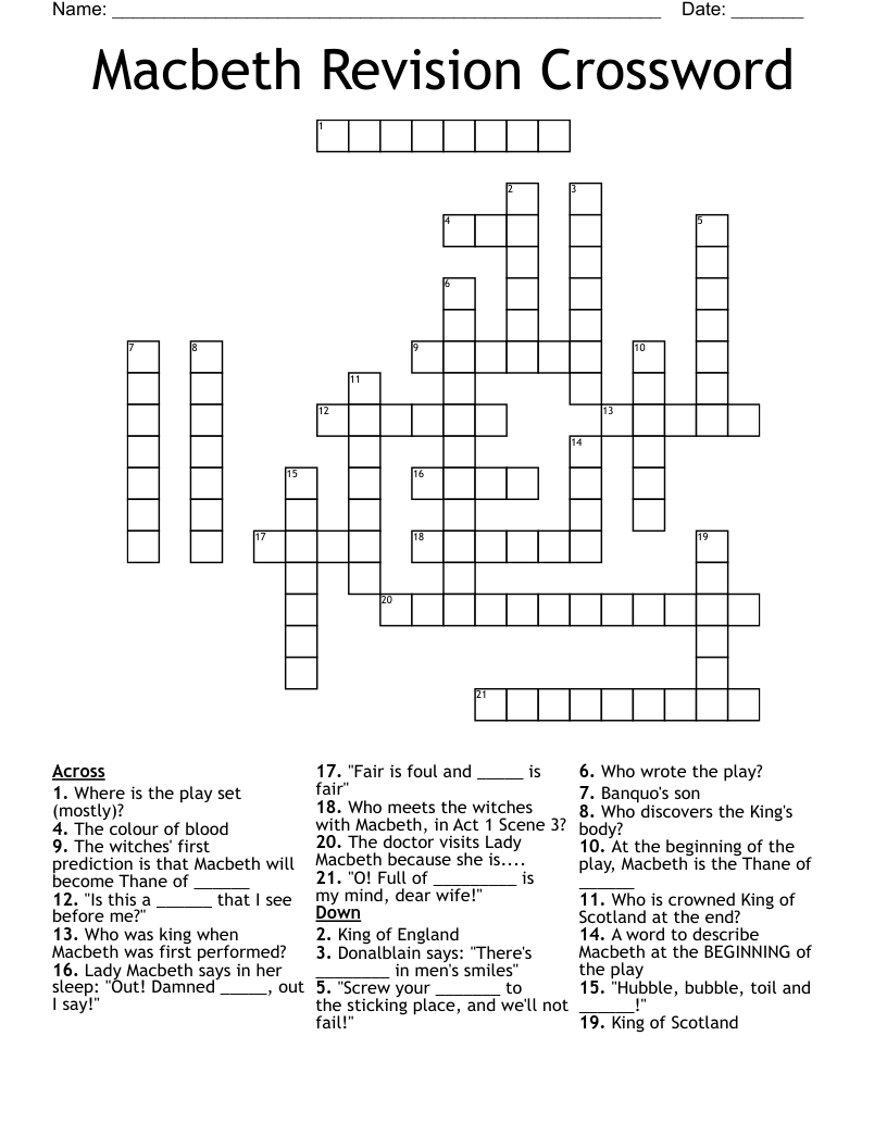 Macbeth Revision Crossword