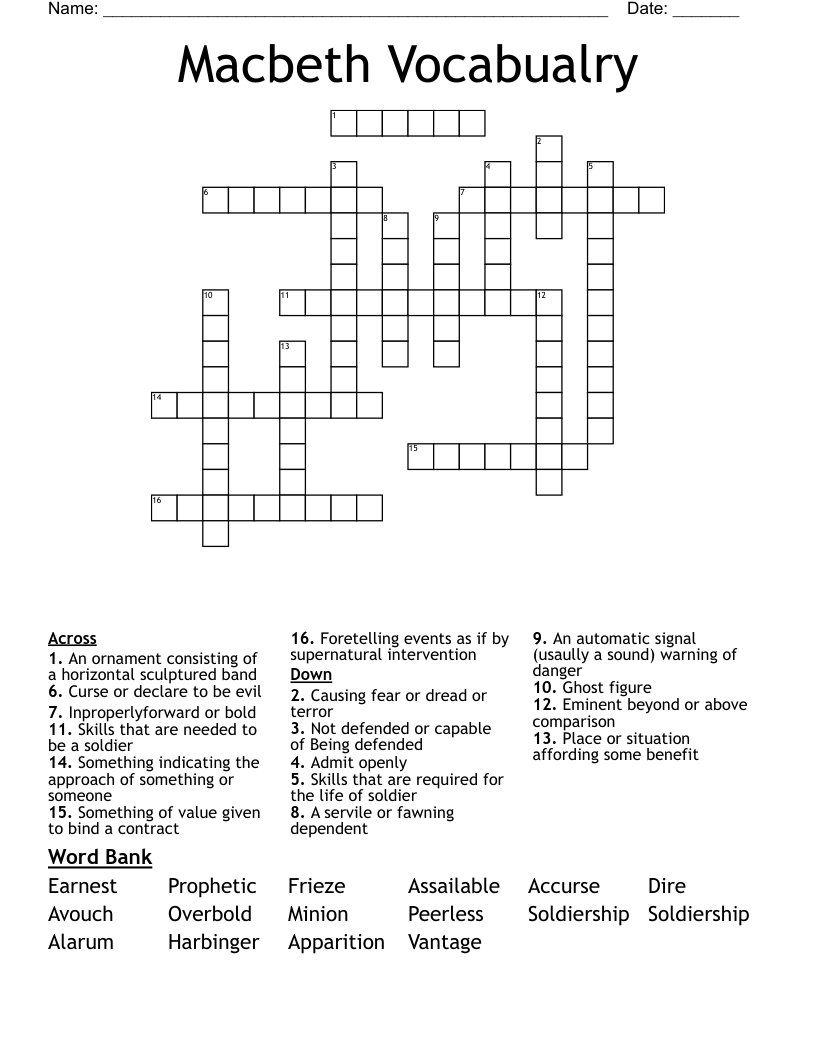 Macbeth Vocabualry  Crossword