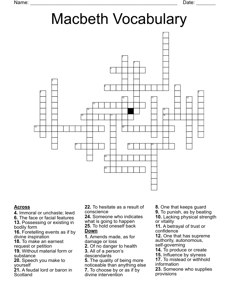 Macbeth Vocabulary Crossword